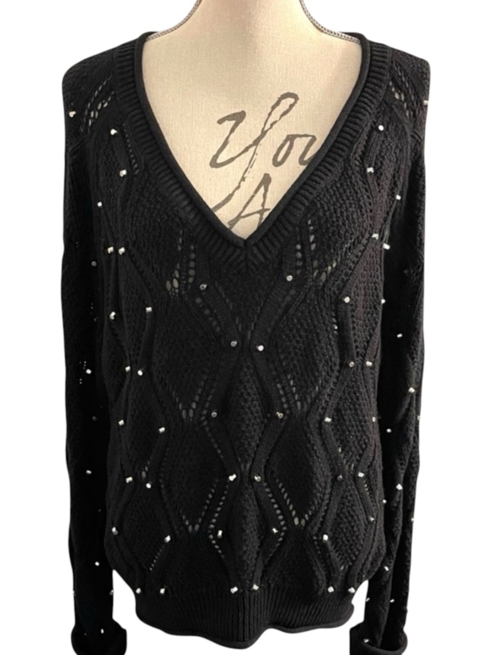 Black Tape_ Black Studded Cotton Blend V-Neck Pointelle Knit Sweater (L/XL)